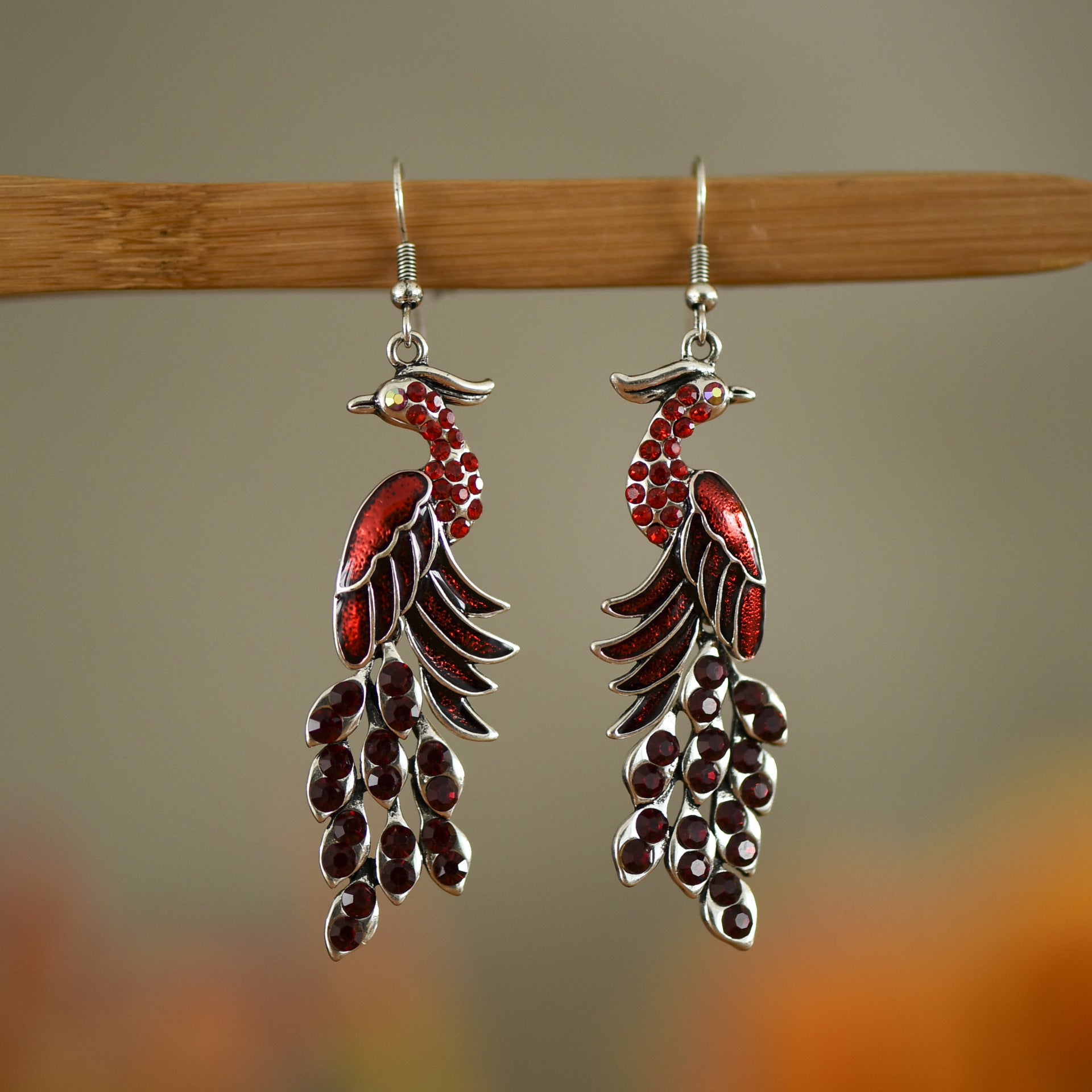 Wholesale Chinese Style Diamond Studded Texture Peacock Retro Earrings